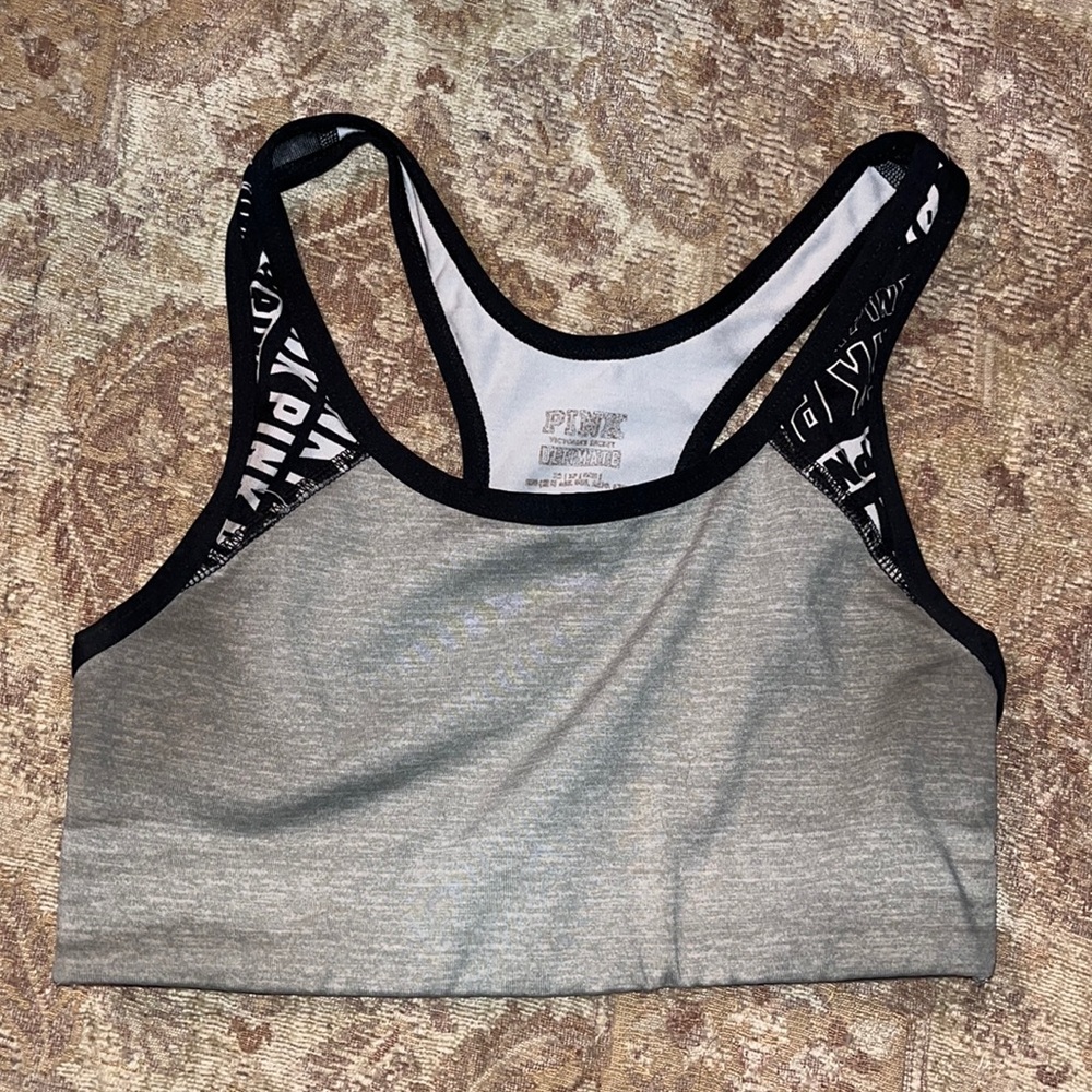New Victoria's Secret PINK Grey/Black Logo Band Crop Racerback Sports Bra XS EUC